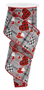 2.5"x10yd Check Heart/Mini Heart/Plaid, Grey/Black/Red/White  FB5