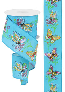 2.5"x10yd Butterfly w/Branches On Pongee Fabric, Turquoise/Lavender/Yellow/Hot Pink/Purple/Green  MY4