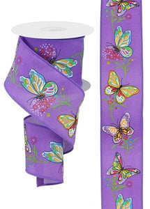 2.5"x10yd Butterfly w/Branches On Pongee Fabric, Dark Lavender/Yellow/Hot Pink/Purple/Green  MY4