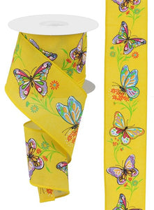 2.5"x10yd Butterfly w/Branches On Pongee Fabric, Yellow/Hot Pink/Purple/Green  MY7