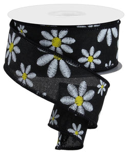 1.5"x10yd Embroidered Mixed Daisy On Royal, Black/White/Yellow  MY46