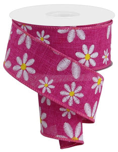 1.5"x10yd Embroidered Mixed Daisy On Royal, Fuchsia/White/Yellow  MY46