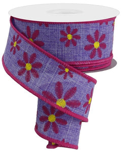 1.5"x10yd Embroidered Mixed Daisy On Royal, Lavender/Fuchsia/Yellow  OC9