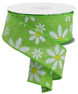 1.5"x10yd Embroidered Mixed Daisy On Royal, Lime Green/Yellow/White  MY46