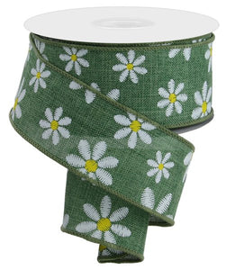 1.5"x10yd Embroidered Mixed Daisy On Royal, Clover Green/White/Yellow  MY45