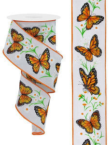2.5"x10yd Monarch Butterfly w/Daises On Pongee Fabric, White/Dark Orange/Yellow/Dark Green  MY52