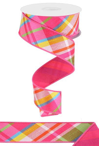 1.5"x10yd Diagonal Plaid w/Fused Back, Hot Pink/Turquoise/Lime/Yellow  B49