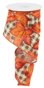 2.5"x10yd Autumn Leaves On Check, Brown/White/Orange/Red  B54