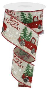 2.5"X10yd "Merry Christmas" Truck With Tree On Royal, Natural/Red/Green/Gold - KRINGLE DESIGNS