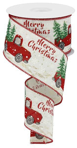 2.5"X10yd "Merry Christmas" Truck With Tree On Royal, Ivory/Red/Green/Silver - KRINGLE DESIGNS