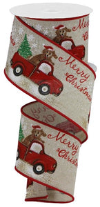 2.5"x10yd Merry Christmas Truck w/Dog On Royal Burlap, Natural/Red/Green/Black  O47