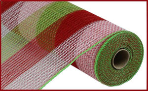 10.5"x10yd Pp Faux Jute Wide Stripe Mesh, Lime Green/Red/White ***ARRIVING SUMMER 2024***