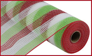 10.5"x10yd Faux Jute/Poly Mesh Thin Stripe, Red/Lime/White  SU35  ***ARRIVING FALL 2024***