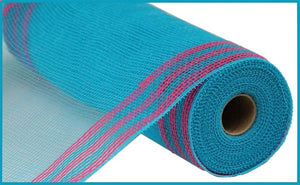 10.5"x10yd Poly/Faux Jute Border Stripe Mesh, Turquoise/Hot Pink  SU35