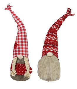 Pair of 14.5"H Gingham Gnomes Boy And Girl, Tan/Light Brown/Red/White/Beige  WB